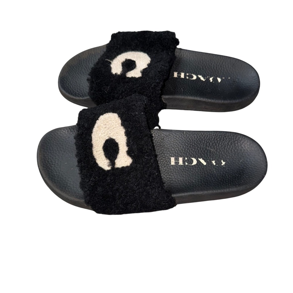 Coach Shearling Slide Sandals Womens 8 Black Good Faux Fur Logo Slippers
